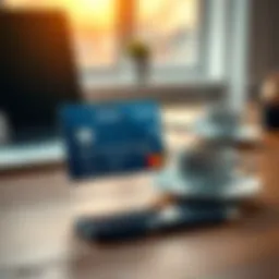 Close-up of a Revolut Metal card placed on a wooden desk with a laptop and a cup of coffee in the background