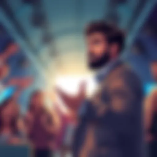 An illustration of Richard Heart presenting a new project with excited people in the background.