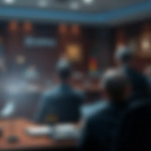 A courtroom scene showing a judge presiding over a case involving Ripple, with legal documents and concerned figures in the background.