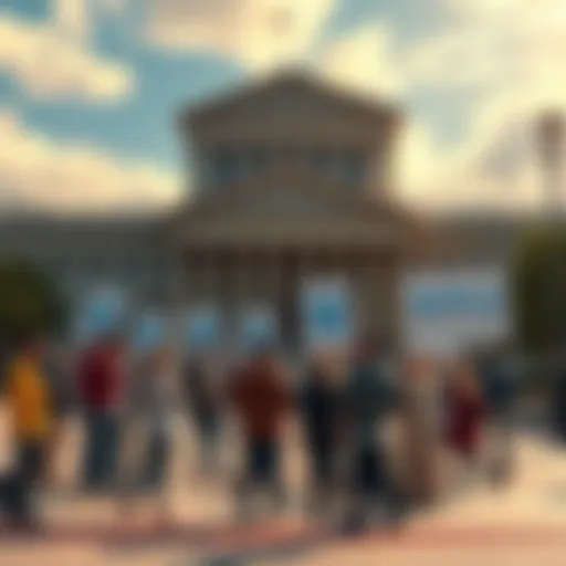 A group of people discussing in front of a congress building holding signs about the Ripple SEC case