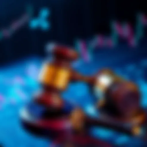 A gavel and financial charts illustrate the Ripple lawsuit against the SEC, highlighting legal challenges and market issues.