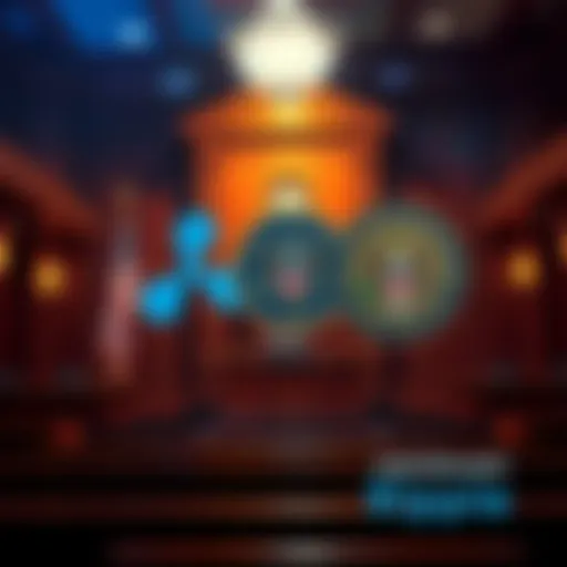 Court scene with Ripple logo and SEC emblem, symbolizing ongoing legal case