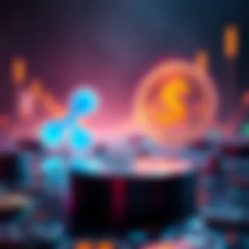 Illustration of Ripple and XRP symbols with a digital dollar, representing financial transactions