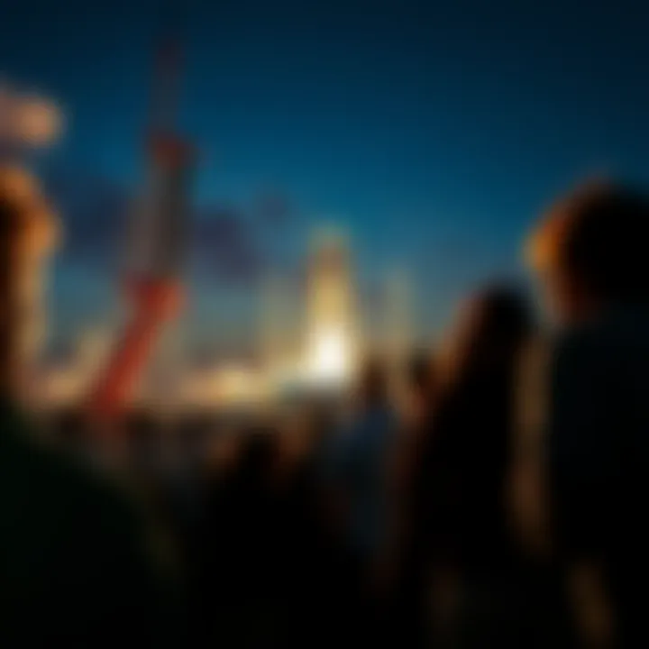 A crowd of excited people watching as a rocket is prepared for launch at a launch site.