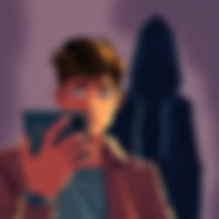 An illustration showing a person looking anxious while holding a smartphone displaying a stock market app, with a shadowy figure in the background representing a scammer.