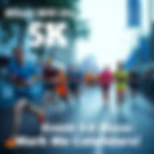 Group of runners in colorful outfits racing towards the finish line during a 5K event