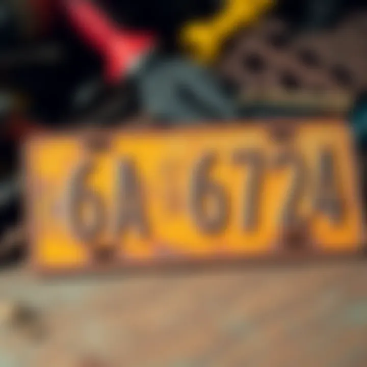 Close-up of a rusty ID plate from a vintage vehicle, showing faded letters and numbers, with tools in the background