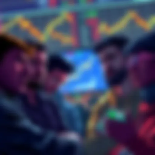 A group of dejected crypto enthusiasts looking at falling cryptocurrency charts and frowning, symbolizing financial distress caused by economic policies.