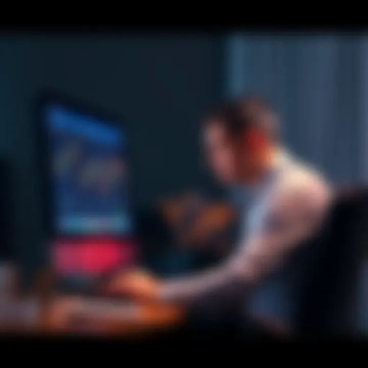 A distressed 36-year-old man sitting at a desk, staring at a computer screen displaying falling Bitcoin prices, showing his heartbreak and frustration.