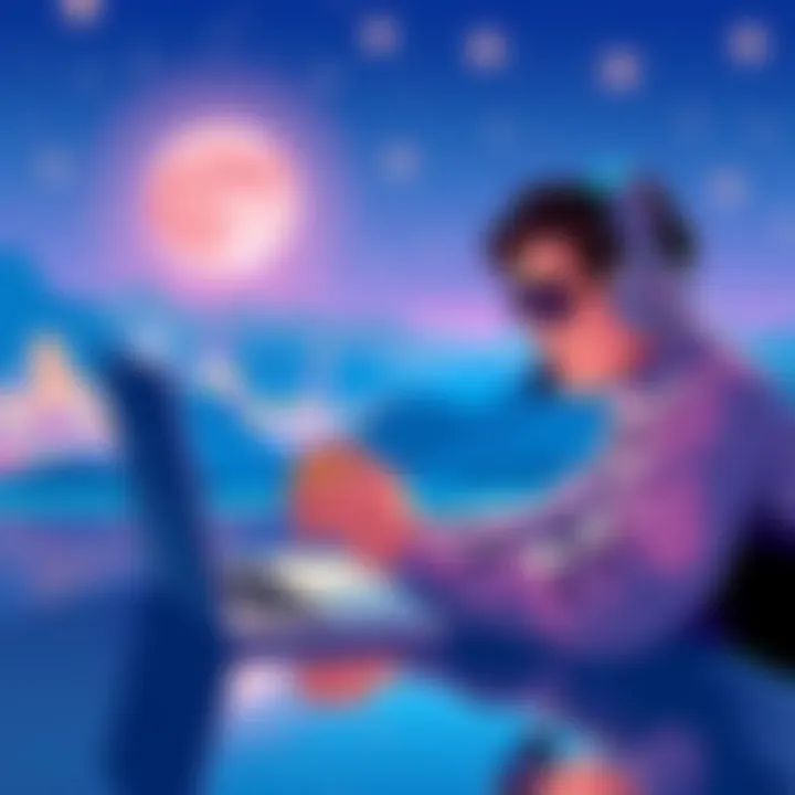 An illustration showing a person securely staking Solana coins on a laptop while researching trusted platforms and avoiding scams.