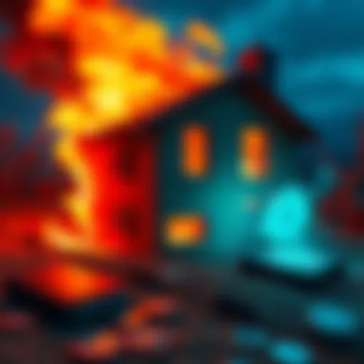 A house on fire with a digital wallet showing cryptocurrency symbols nearby. The scene emphasizes the importance of protecting crypto assets from disasters.