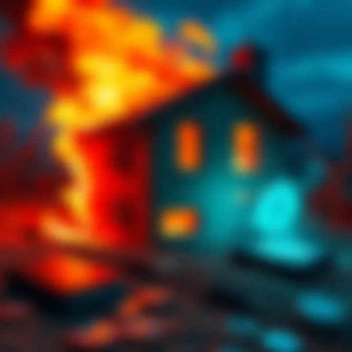 A house on fire with a digital wallet showing cryptocurrency symbols nearby. The scene emphasizes the importance of protecting crypto assets from disasters.