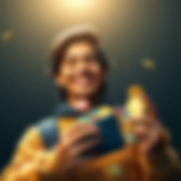 A person happily receiving their salary in various colorful cryptocurrency tokens, symbolizing a new payment method, with a cheerful expression and digital wallet in hand.