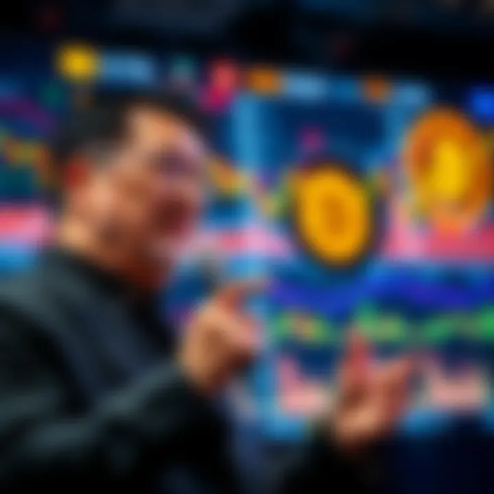 Samson Mow speaking about Bitcoin in front of a chaotic digital screen showing market trends