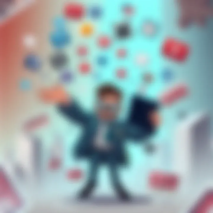 A cartoonish figure juggling social media icons and news headlines to represent the blend of satire and reality.