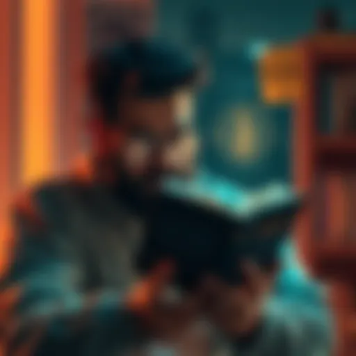 A person reading a book about Satoshi and cryptocurrency, reflecting on different perspectives and interpretations.