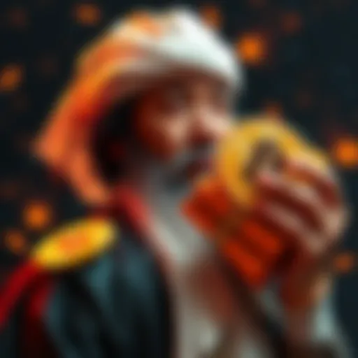 Representation of Satoshi Nakamoto holding a large stack of Bitcoins, symbolizing control over 1.1 million coins valued at $134 billion.