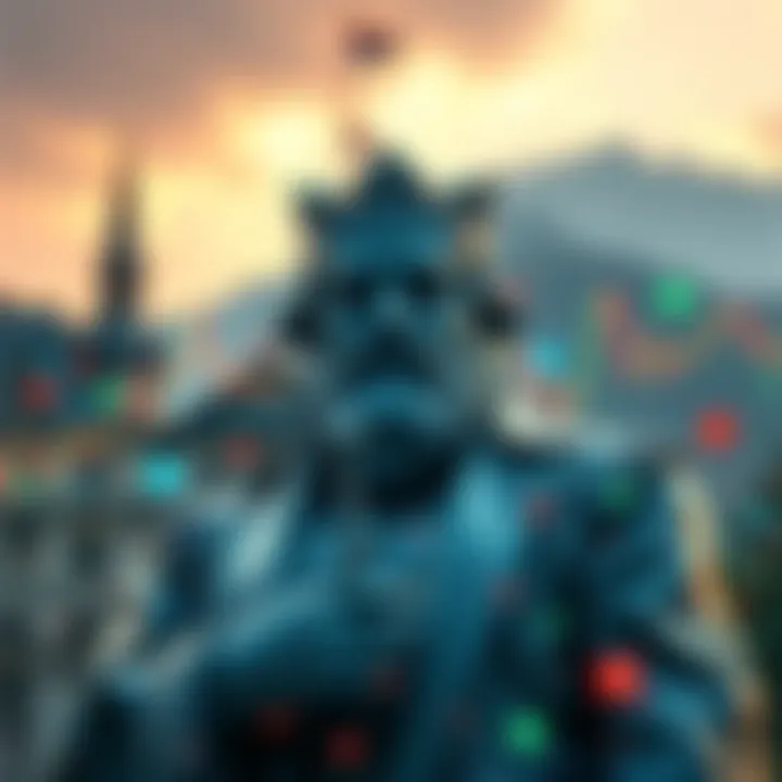 The Satoshi statue surrounded by fluctuating market symbols, reflecting its changing value and significance in the crypto market