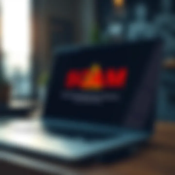 A warning graphic showing a scam advertisement on a laptop screen, with a caution symbol