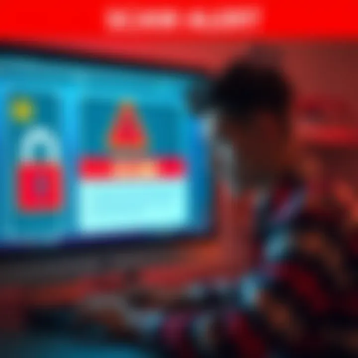 A person looking concerned while reading a warning about scams on a computer screen, surrounded by symbols of fraud such as a broken lock and dollar signs.