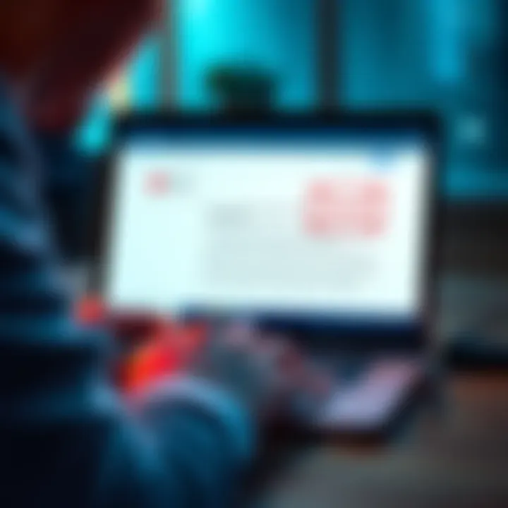 A person looking at a suspicious email on a laptop, highlighting common scam signs like poor grammar and strange sender addresses.