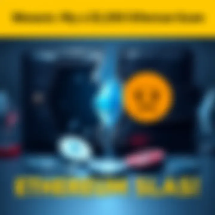 A broken cryptocurrency wallet with a sad face emoji representing loss, and a graphic of Ethereum currency fading away