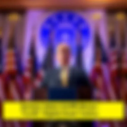 Senator Adam Schiff stands at a podium discussing his new legislation on digital asset regulation, with a backdrop of American flags.