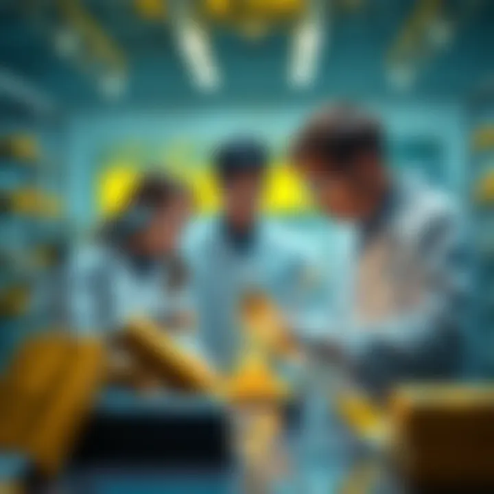 Researchers in a lab experiment to create gold, with gold bars displayed in the background, showcasing the new gold production method.