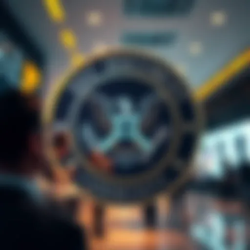 A visual representation of the SEC document with the XRP logo, symbolizing the cryptocurrency community's focus on its impact, with people discussing in the background.