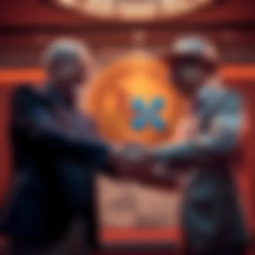 SEC and Ripple representatives shake hands after settling the XRP lawsuit, symbolizing new beginnings in cryptocurrency regulation.