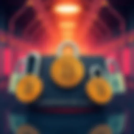 Illustration of a multisig bitcoin wallet with multiple locks representing security and alerts for compromised funds
