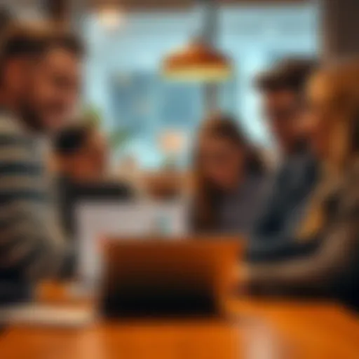 A group of sellers discussing strategies while looking at market graphs on a laptop in a cozy office setting.