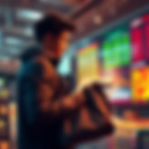 A person holding a BAG while looking at price tags and charts indicating market trends, considering selling to buy more items at lower prices.