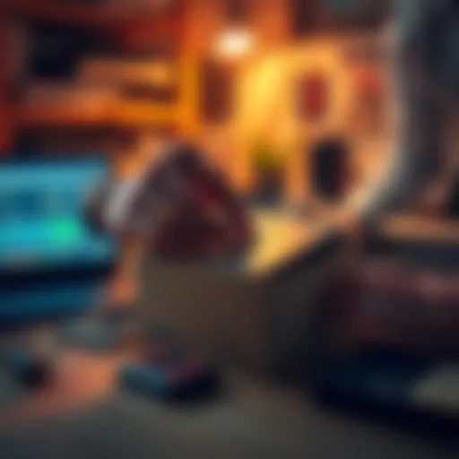 A person placing old hard drives in a box for sale, with a laptop and various tech gadgets in the background.