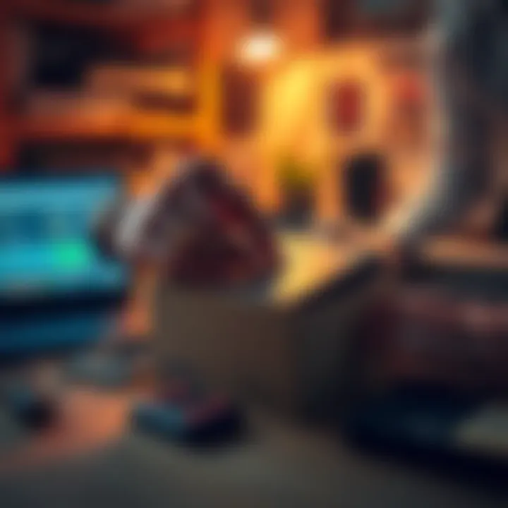 Selling Hard Drives A person placing old hard drives in a box for sale, with a laptop and various tech gadgets in the background.