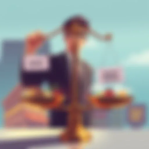 A person weighing options with a scale, one side labeled 'Greed' and the other 'Smart Timing' while looking at a display of various assets like stocks and property.