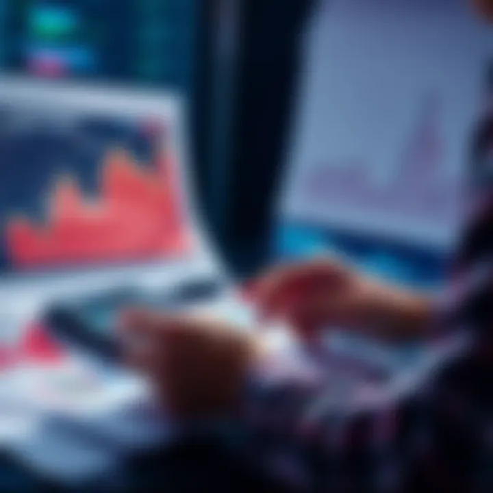 Person analyzing charts and graphs with a calculator, considering the best time to sell assets for profit.