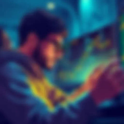 An illustration showing a person analyzing Bitcoin charts and preparing to sell for maximum profit.