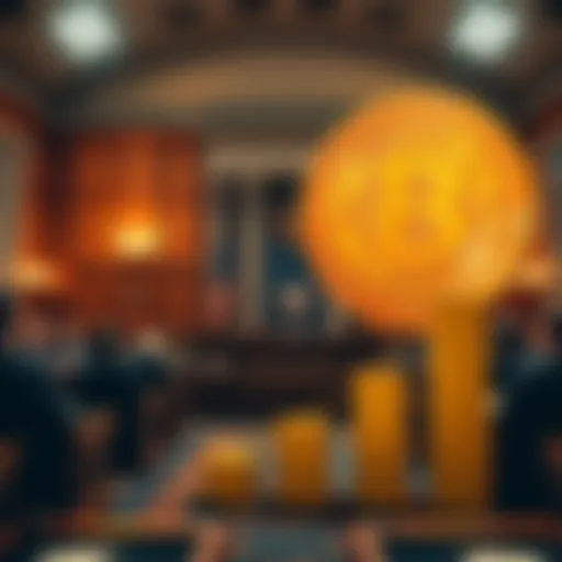 U.S. Senate session with lawmakers approving a budget deal, Bitcoin logo showing growth, symbolizing cryptocurrency surge