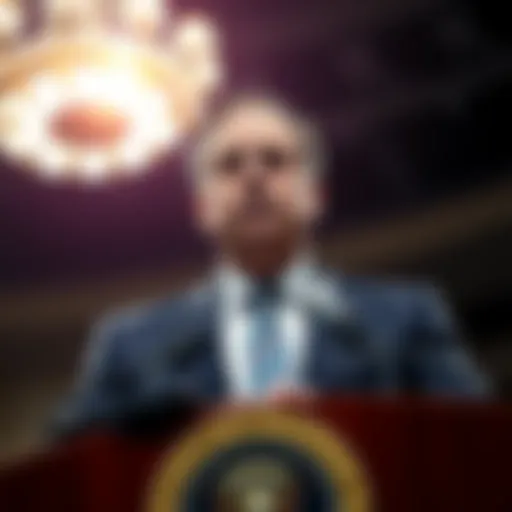 Senator Adam Schiff standing at a podium discussing the COIN Act to limit presidential crypto activities