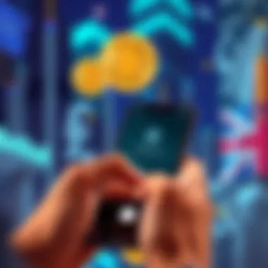 A person using a smartphone app to send Bitcoin, with British currency symbols in the background