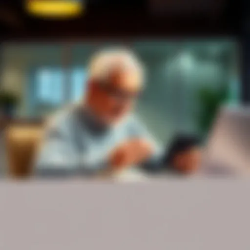 An older man comfortably using a simple cold wallet device to store Bitcoin, sitting at a table with a laptop and a calm environment.