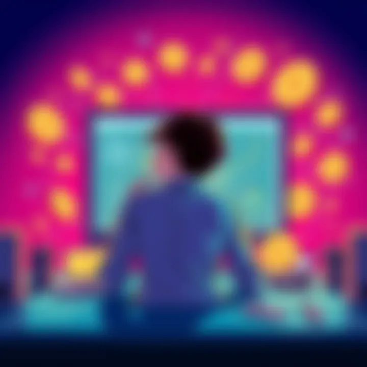 An illustration showing a person easily setting up a node on a computer using FUNC software, with Algo coins represented visually around the setup process.