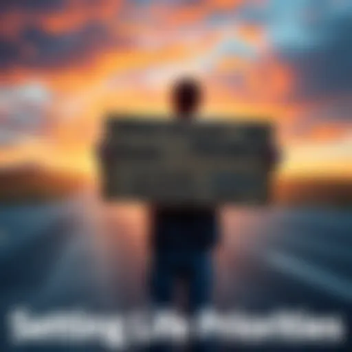 A person standing at a crossroads, holding a sign with different goals written on it, illustrating the importance of prioritizing life choices.