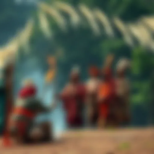 A group of shamen in traditional attire performing a ritual in a serene natural setting, promoting spirituality and community connection.