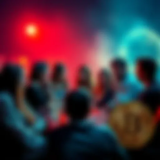 A group of people gathered around discussing their experiences with Bitcoin, highlighting personal stories and curiosity about cryptocurrencies.