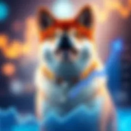 A Shiba Inu dog representing the cryptocurrency Shiba Inu, with a graphic showing an upward trend in market performance.