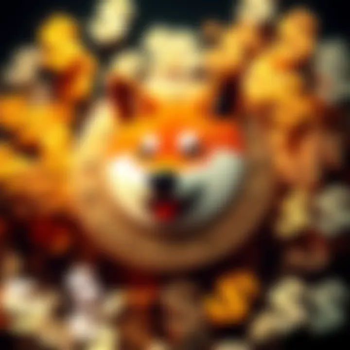 Graphic showing Shiba Inu coin symbol surrounded by dollar signs, representing wealth and investment potential.