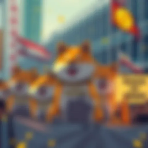 A group of cryptocurrency enthusiasts gathered with Shiba Inu themed signs and banners, showing their support for the Shiba Inu coin.