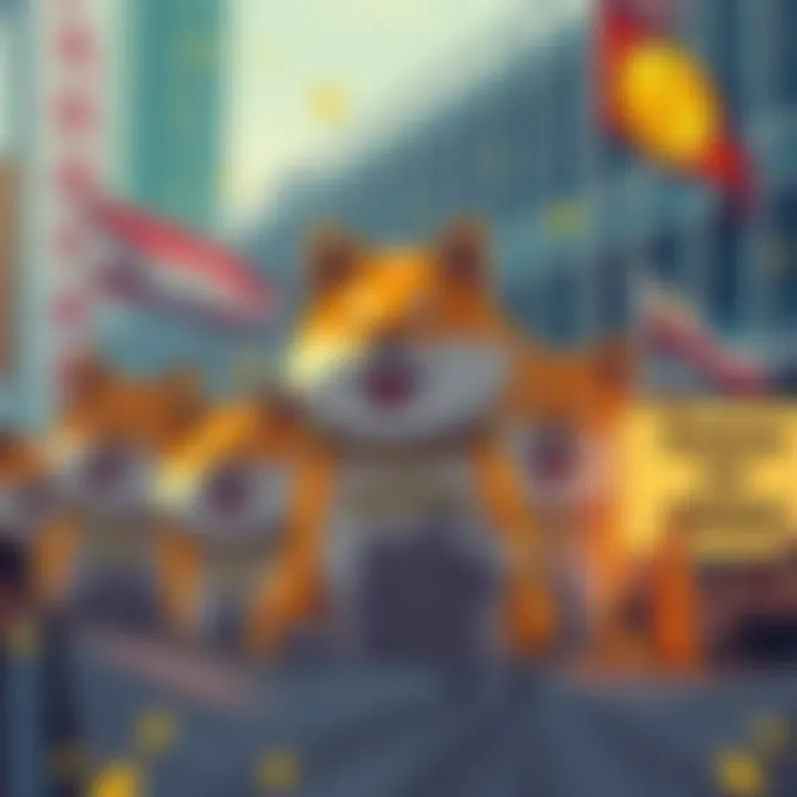 Shiba Inu Coin Rally A group of cryptocurrency enthusiasts gathered with Shiba Inu themed signs and banners, showing their support for the Shiba Inu coin.